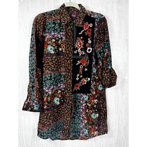 Avani del Amour Embroidered Floral Tunic Large Boho Patchwork Button
